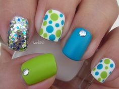 Like the blue and green and the polka dots, skip the silver dots and the shiny nail Polka Dot Nail Designs, Dot Nail Designs, Polka Dot Nail Art, Fancy Nail Art, Fingernail Designs, Dot Nail Art, Cute Spring Nails, Polka Dot Nails, Dots Nails