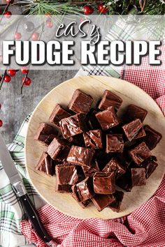 chocolate fudge recipe on a plate with red and white checkered table cloth next to it