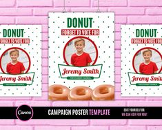 two flyers for a campaign with donuts on the front and back, against a pink brick wall