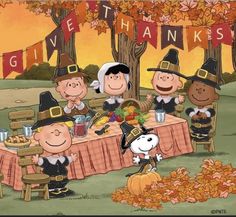 a cartoon thanksgiving scene with charlie and friends