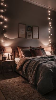 a bedroom with lights on the wall and a large bed in it's center