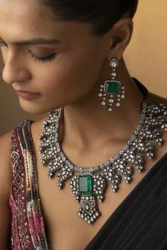 Shop for Paisley Pop Shayani Victorian Polki Embellished Necklace Jewellery Set Online at Aza Fashions Silver Emerald Necklace With Intricate Design, Elegant Silver Kundan Necklace With Emerald, Silver Kundan Necklace With Hand-set Emeralds, Festive Silver Emerald Necklaces, Silver Emerald Necklace In Temple Jewelry Style, Silver Emerald Necklace In Temple Style, Silver Emerald Temple Jewelry Necklace, Silver Emerald Necklace For Festive Occasion, Festive Formal Silver Emerald Necklace