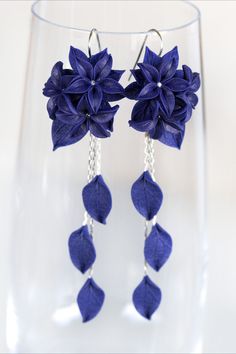 Dark Blue Long Earrings. Polymer clay artisan jewelry with navy blue lily flowers . Handmade Flower Dangle Earrings In Polymer Clay, Handmade Flower Dangle Jewelry In Polymer Clay, Blue Handmade Flower Drop Earrings, Blue Handmade Flower Jewelry For Gifts, Blue Handmade Flower Jewelry As Gift, Handmade Blue Flower Jewelry For Gifts, Handmade Flower Blue Jewelry As Gift, Blue Polymer Clay Dangle Jewelry, Elegant Blue Jewelry With 3d Flowers