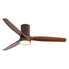 a ceiling fan with a light on it's side and a wooden blade in the middle