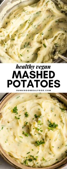 mashed potatoes in a pan with parsley on top and the words, healthy vegan mashed potatoes