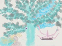 a drawing of a tree with two people under it and a boat in the water