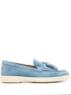 light blue suede tassel detail moc stitching round toe branded leather insole flat rubber sole with embossed logo slip-on style Patent Loafers, Logo Shoes, Round Toe Shoes, Suede Tassel, Suede Flats, Suede Loafers, Pink Suede, Blue Suede, Embossed Logo