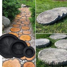 several pictures of different types of stepping stones in the grass and on the ground, one is