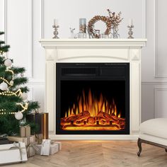 a living room with a christmas tree and a fire place in the fireplace that is lit