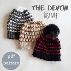 three knitted beanies with pom - poms on the front and bottom