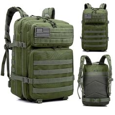 an army green backpack with american flag patching on the front, back and side panels