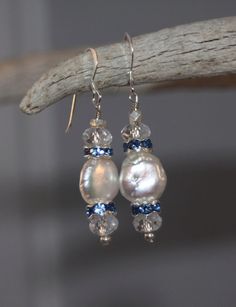 Coin pearl, sterling silver, and Swarovski crystal dangle earrings sparkle for your day and night Jewellery Pictures, Crystal Dangle Earrings, Coin Pearls, Jewelry Picture, Jewelry Techniques, Sparkle Earrings, Head Pins, Bride To Be, Something Blue