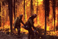 two fire fighters are walking through the woods with their packs in hand as flames engulf the trees behind them