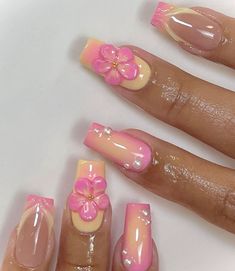 Pink And Orange Acrylic Nails, Hippie Nails, Airbrush Nails, Glamour Nails, Summery Nails, Girly Acrylic Nails, Nail Jewelry, Short Acrylic Nails Designs, Pink Acrylic Nails