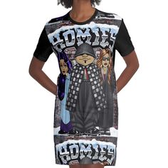 Loose and casual fit jersey t-shirt dress. Printed polyester blend front panel, solid color 100% cotton back/sleeves/rib. Size range XS-2XL. Lil Homies, Homies, Chicano, Chicana, Brown pride, Lil Homies shirts, Lil Homies notebook, old school, 90s, Lil Homies blanket, Lil Homies gifts, Homies shirts, 90s shirts, lowriders, vatos Casual Short Sleeve T-shirt Dress For Streetwear, Graphic Print T-shirt Dress For Streetwear, Crew Neck Cotton Streetwear Dress, Cotton Crew Neck Streetwear Dress, Crew Neck Cotton Dress For Streetwear, Casual Fitted Dresses For Streetwear, Fitted Cotton T-shirt Dress With Graphic Print, Fitted Casual Graphic Print T-shirt Dress, Casual Crew Neck Dress For Streetwear