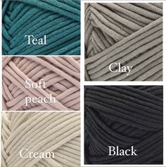 four different colors of yarn with the words teal, soft peach, clay and cream