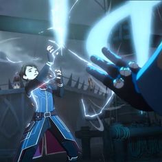 an animated image of a person holding up a light saber in front of another character