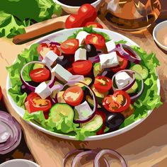 a painting of a salad with tomatoes, onions and olives on the table next to other dishes