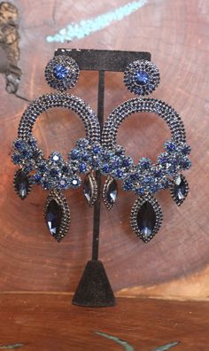 Navy Blue Statement Earrings, Glamorous Blue Chandelier Earrings For Party, Navy Bracelet, Blue Statement Earrings, Wide Chandelier, Navy Earrings, Silver Style, Rhinestone Bracelet, Large Earrings