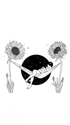 a drawing of a woman laying on a hammock with sunflowers in the background