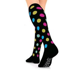 Compression Socks Unisex | Medium Compression | Black with White Polka Black Knee-high Nylon Socks, Supportive Breathable Fitted Socks, Black Knee-high Sports Socks, Fitted Black Sports Socks, Non-slip Black Socks For Training, Non-slip Black Training Socks, Breathable Black Knee-high Socks, Breathable Supportive Stretch Socks, Black Breathable Knee-high Socks