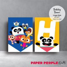 two children's wall art prints with the letter h and pandas on them