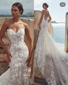 a woman in a wedding dress standing next to a stone wall