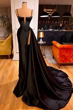 Look Gatsby, Black Mermaid Prom Dress, Couture Evening Dress, Long Evening Dresses, Spaghetti Strap Prom Dress, Black Prom Dress, Black Prom