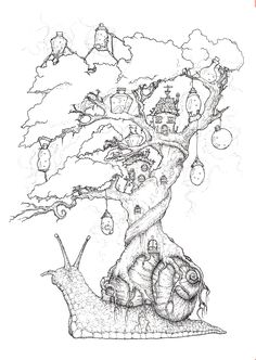 a drawing of a tree with ornaments hanging from it's branches and two snails crawling on the ground