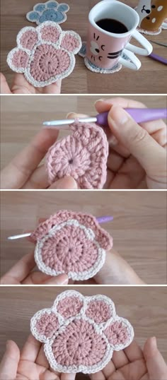 crocheted coasters are being worked on by someone using the same yarn technique