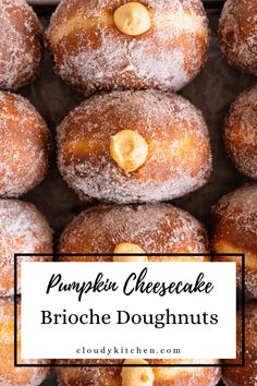 pumpkin cheesecake brioche doughnuts in a box with the title overlay