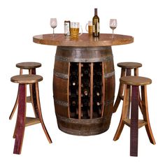 a wooden barrel table with stools and wine bottles on it, in front of a white background