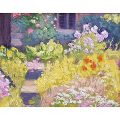 an oil painting of flowers in a garden