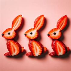 three strawberries shaped like rabbits sitting on top of each other in front of a pink background