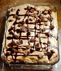 a chocolate dessert in a glass dish on a table