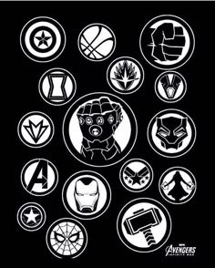 the avengers logo is shown in black and white, as well as many other symbols