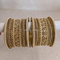 Antique Gold, champagne pearl and golden  crystal bangles. Purchase with one of our Colour blocks to match to any outfit! Ready to ship as seen! Golden Bangles Set, Golden Bangles, String Art Tutorials, Golden Crystal, Bridal Choker, Handbag Essentials, Bridal Necklace Set