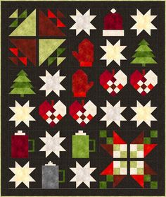 a quilted christmas pattern with red, green and white ornaments on it's black background