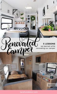 an rv is shown with the words renoded camper written in black and white