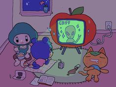 cartoon characters sitting on the floor in front of an old tv with an alien screen