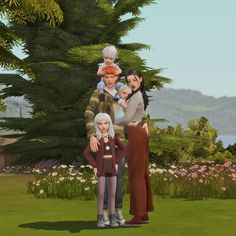 an animated family standing in front of a tree with flowers on the ground and mountains in the background