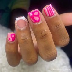 Cute Shirt Acrylic Nails Designs, Short Nails With Different Designs On Each Nail, Cute Short Pink Nail Designs, Short Nails For Kids 9-10, Extra Short Acrylic Nails Designs, Back To School Nails 5th Grade, Short Short Nails Ideas, Short Nail Set Ideas Simple, Nails Acrylic For Kids