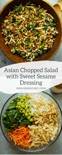 Asian Chopped Salad with Sweet Sesame Vinaigrette Crunchy Asian Salad, Sesame Vinaigrette, Asian Chopped Salad, Chopped Salad Recipe, Asian Salad Recipe, Edamame Recipes, Edamame Salad, Chopped Salad Recipes, Vegetarian Salads