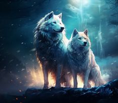 two white wolfs standing in front of a full moon and tree filled night sky