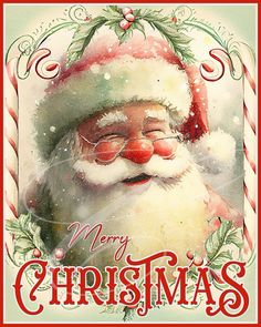 an old fashioned christmas card with santa claus's face and holly wreaths on it