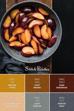 a pan filled with sliced plums sitting on top of a table