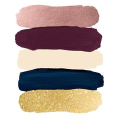 five different shades of paint with gold glitter on them, all in various colors and sizes