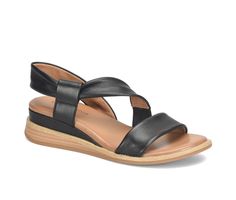 Soft Nappa + Metallics Leather upper, Wraparound asymmetrical ankle / slingback strap with elastic bits for easy pull on entry,2.5\ wedge heel, Rounded open toe, Exclusive Pillowtop® memory foam with real cow suede sock, Flexible, slip-resistant TPR outsole | Women's Comfortiva Marcy Wedge Sandals in Black Size 6.5 Nice Sandals, Bridal Wedding Shoes, Womens Sandals Wedges, Adidas Fashion, Black Wedge Sandals, Clarks Originals, Shoe Carnival, Trending Sneakers, Fall Shoes