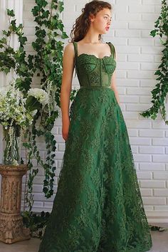 A Line Sweetheart Dark Green Lace Long Prom Dress With Pocket,WP321 winkbridal Green Aline Formal Dress, Emerald Corset Prom Dress, Emerald Green Lace Prom Dress, Ball Dresses Emerald Green, Poison Ivy Wedding Dress, Green Prom Dress Corset Top, Corset Top Dress Prom, Prom Green Dresses, Emerald Green Prom Dress Corset