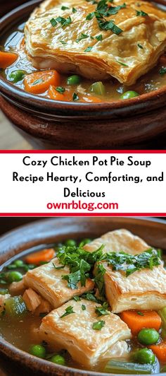 two pictures of chicken pot pie soup with carrots and peas in a brown bowl